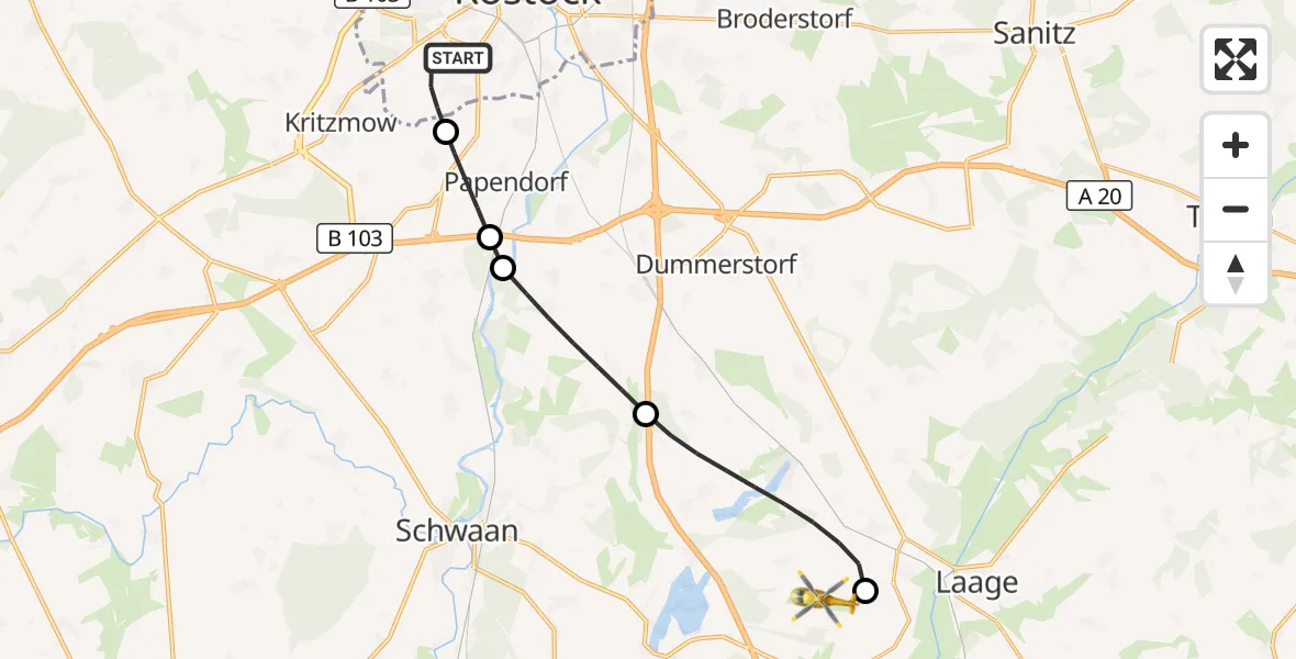 Flugroute Rettungshubschrauber Rostock - Flughafen Rostock-Laage, 25 Juli 2026, 20:20