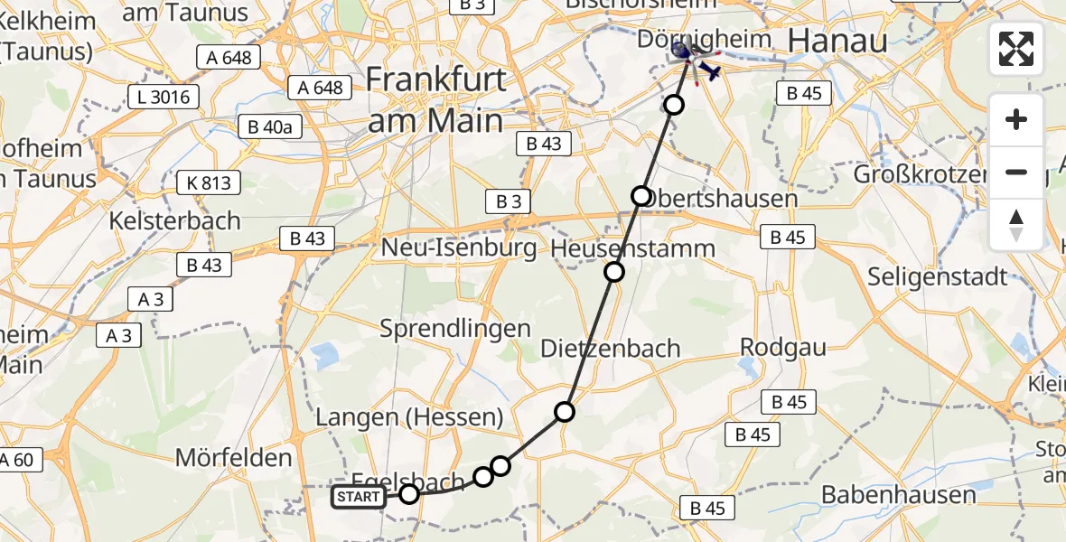Flugroute Polizeihubschrauber Flughafen Frankfurt-Egelsbach - Mühlheim am Main, 25 Juli 2026, 20:24
