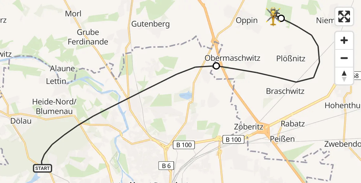 Flugroute Rettungshubschrauber Halle (Saale) - Halle-Oppin Flugplatz, 25 Juli 2026, 20:26