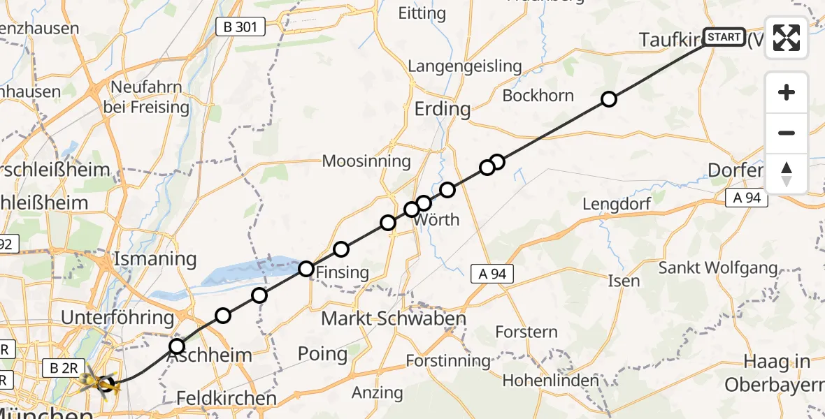 Flugroute Rettungshubschrauber Taufkirchen (Vils) - München Bogenhausen Hospital, 25 Juli 2026, 20:36