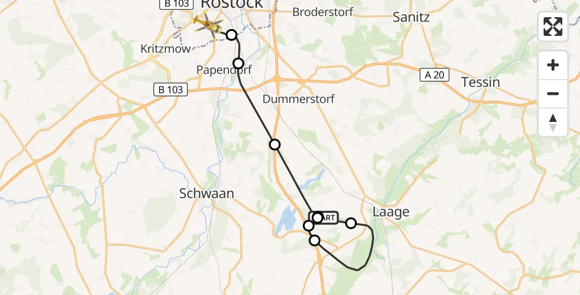 Flugroute Rettungshubschrauber Flughafen Rostock-Laage - Rostock, 25 Juli 2026, 20:46