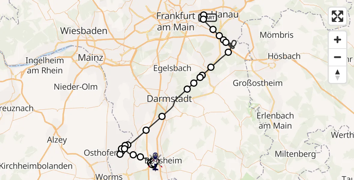 Flugroute Polizeihubschrauber Mühlheim am Main - Bensheim, 25 Juli 2026, 20:51