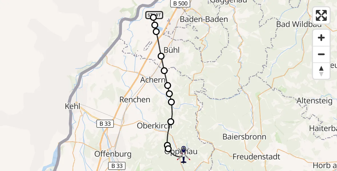 Flugroute Polizeihubschrauber Karlsruhe Baden-Baden Flughafen - Oppenau, 25 Juli 2026, 20:55