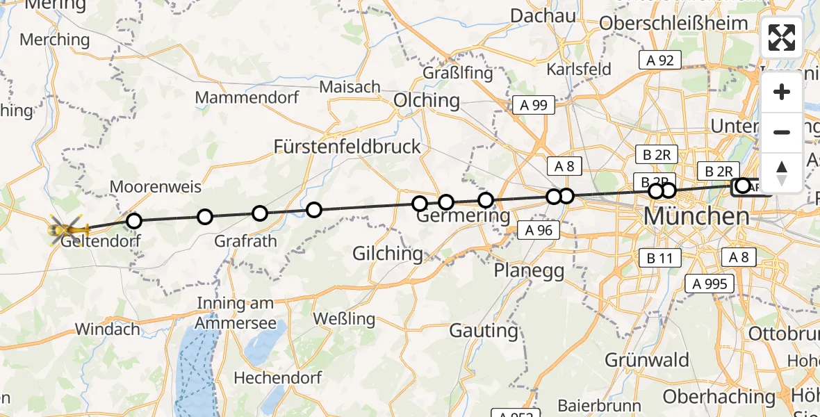 Flugroute Rettungshubschrauber München Bogenhausen Hospital - Geltendorf, 25 Juli 2026, 21:09