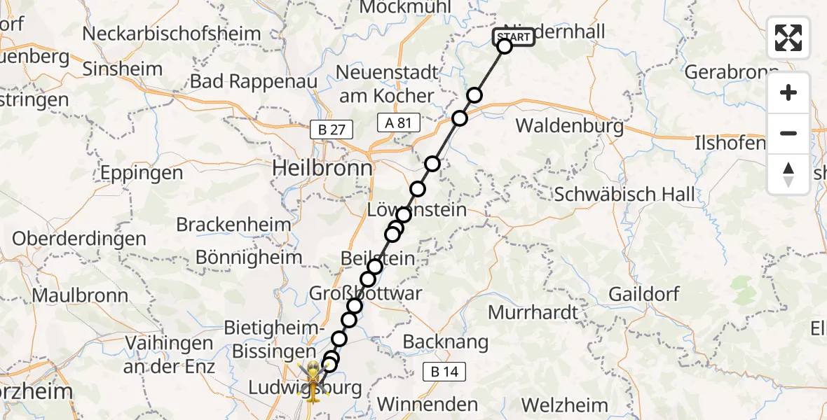 Flugroute Ambulanzhubschrauber Forchtenberg - Ludwigsburg, 25 Juli 2026, 21:14