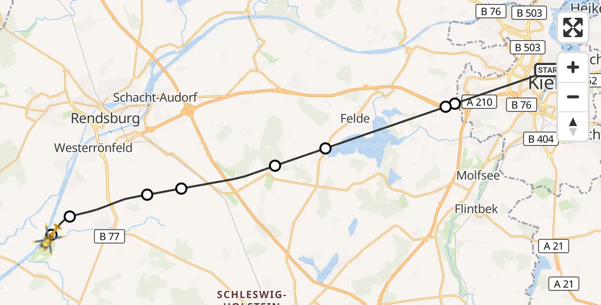 Flugroute Ambulanzhubschrauber Kiel - Hörsten, 25 Juli 2026, 21:14