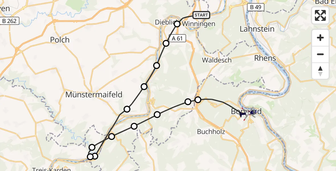 Flugroute Polizeihubschrauber Winningen - Boppard, 25 Juli 2026, 21:23