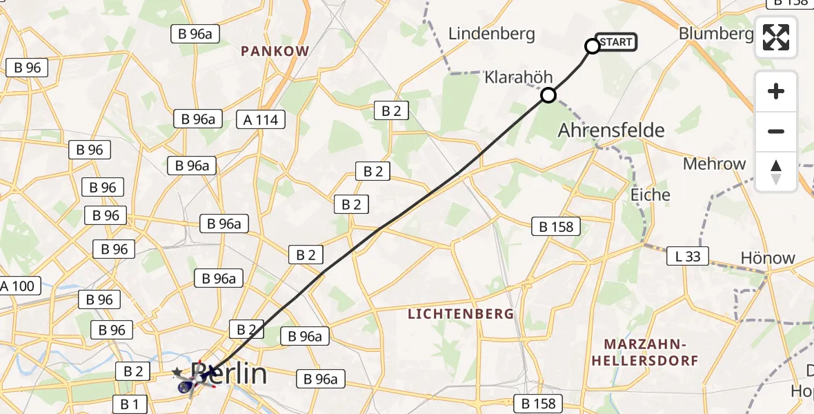 Flugroute Polizeihubschrauber Ahrensfelde Hubschrauberlandeplatz - Berlin, 25 Juli 2026, 21:25