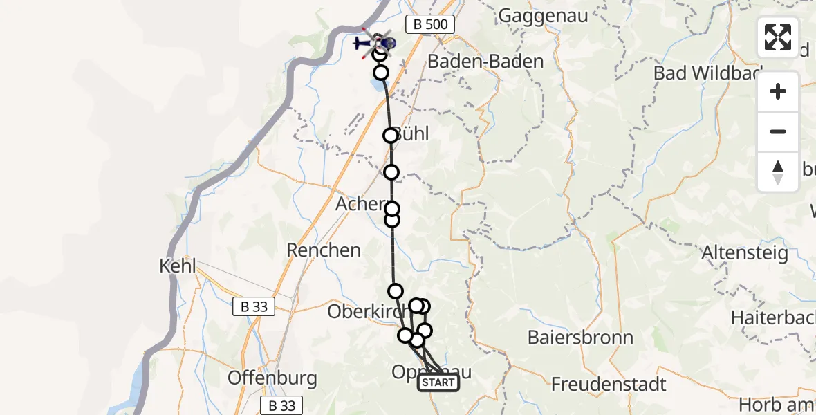 Flugroute Polizeihubschrauber Oppenau - Karlsruhe Baden-Baden Flughafen, 25 Juli 2026, 21:28