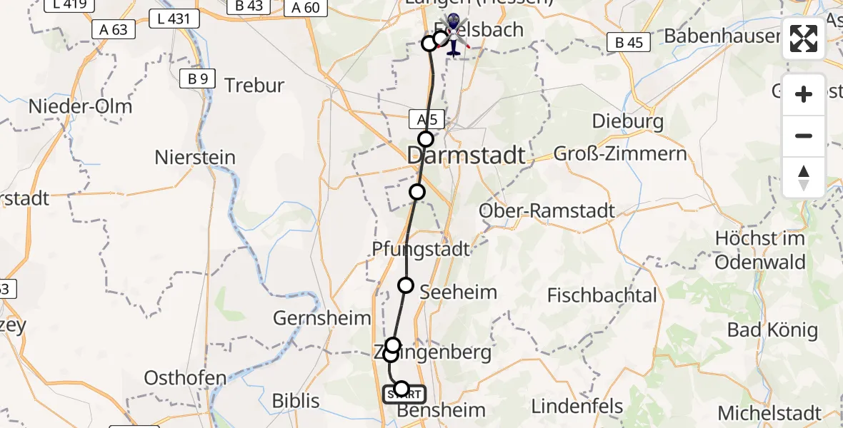 Flugroute Polizeihubschrauber Bensheimer Stadtwiesen Flugplatz - Flughafen Frankfurt-Egelsbach, 25 Juli 2026, 21:36