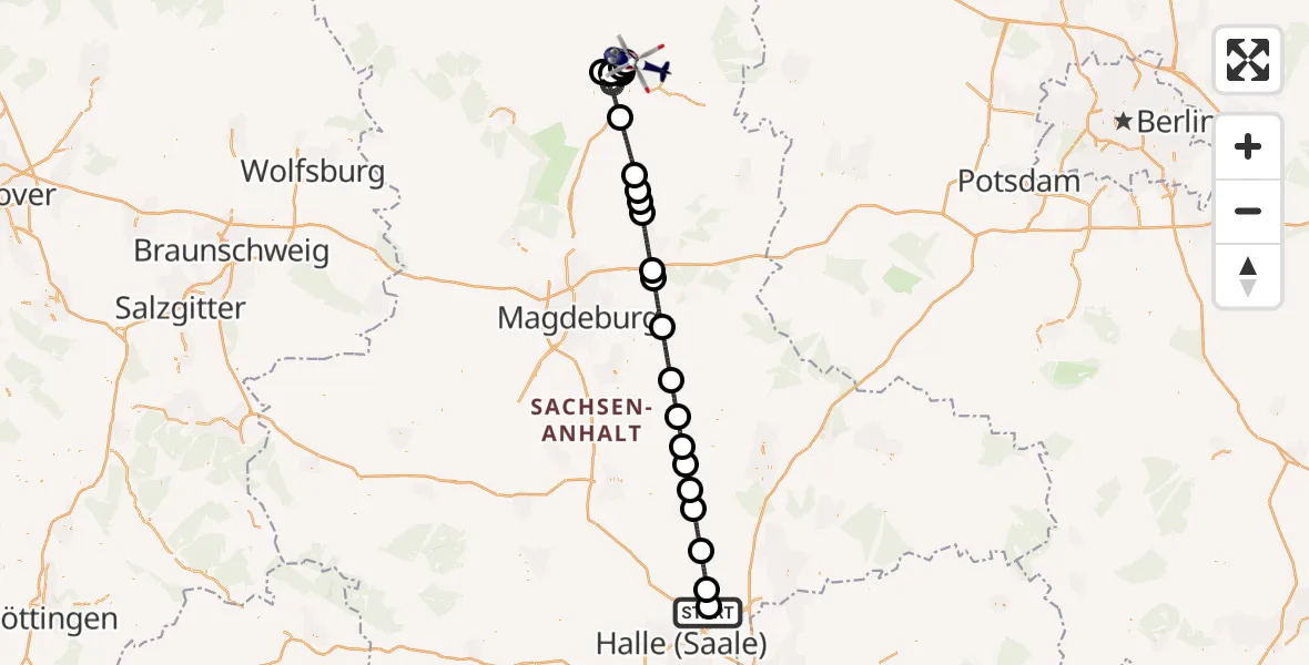 Flugroute Polizeihubschrauber Halle-Oppin Flugplatz - Stendal, 25 Juli 2026, 21:48