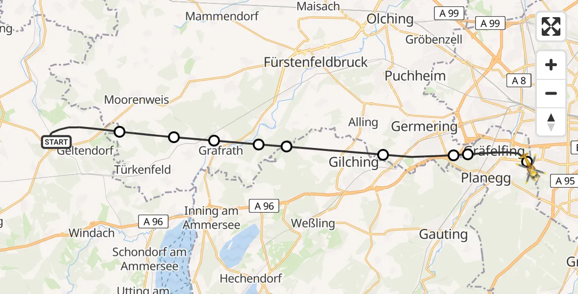 Flugroute Rettungshubschrauber Geltendorf - DRF Air Rescue München Hubschrauberlandeplatz, 25 Juli 2026, 21:49