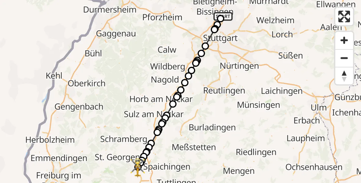 Flugroute Ambulanzhubschrauber Ludwigsburg - DRF Air Rescue Station Villingen-Schwenningen Hubschrauberlandeplatz (Christoph 11), 25 Juli 2026, 22:15