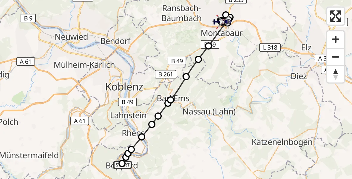 Flugroute Polizeihubschrauber Boppard - Montabaur, 25 Juli 2026, 22:17
