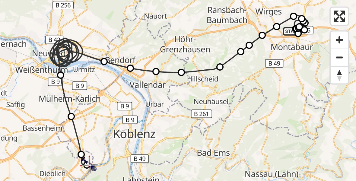 Flugroute Polizeihubschrauber Montabaur - Koblenz-Winningen Flugplatz, 25 Juli 2026, 22:40