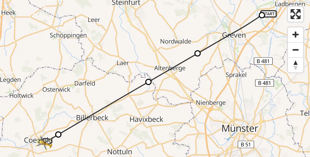 Flugroute Ambulanzhubschrauber Christoph  Westfalen-ADAC - Coesfeld, 25 Juli 2026, 23:06