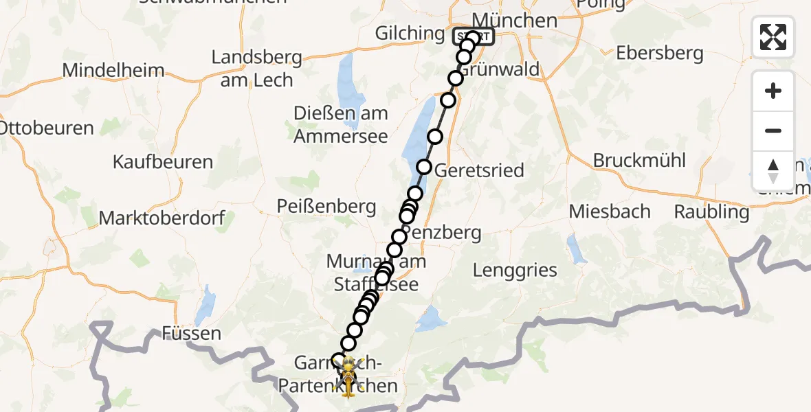 Flugroute Rettungshubschrauber DRF Air Rescue München Hubschrauberlandeplatz - Garmisch-Partenkirchen Clinic Hubschrauberlandeplatz, 25 Juli 2026, 23:19