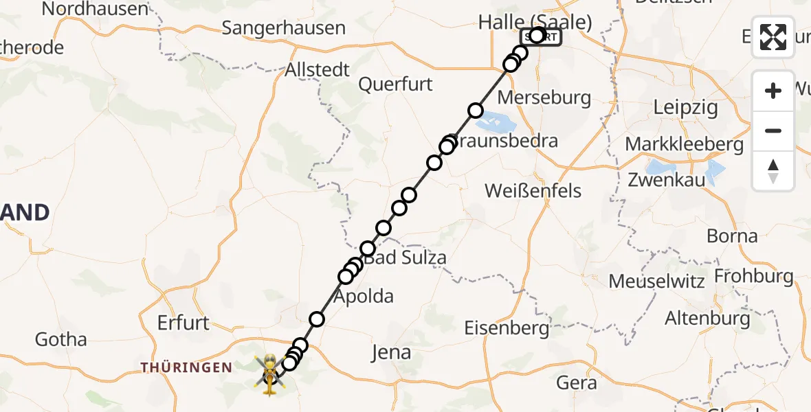 Flugroute Ambulanzhubschrauber BG Hospital Bergmannstrost Halle - DRF Rettungsstation Bad Berka Hubschrauberlandeplatz, 25 Juli 2026, 23:26
