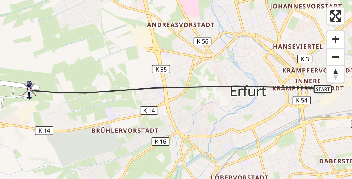 Flugroute Polizeihubschrauber Erfurt - Erfurt-Weimar Flughafen, 25 Juli 2026, 23:42