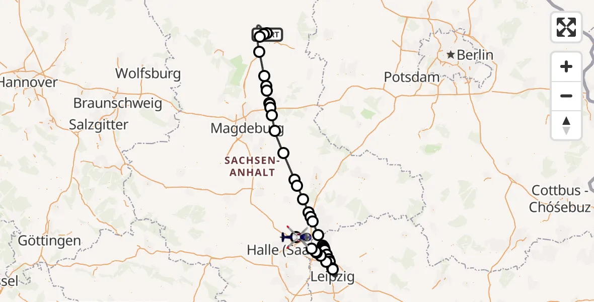 Flugroute Polizeihubschrauber Stendal-Borstel Flugplatz - Halle-Oppin Flugplatz, 25 Juli 2026, 23:45