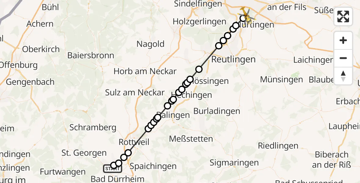 Flugroute Ambulanzhubschrauber DRF Air Rescue Station Villingen-Schwenningen Hubschrauberlandeplatz (Christoph 11) - Wolfschlugen, 26 Juli 2026, 00:16