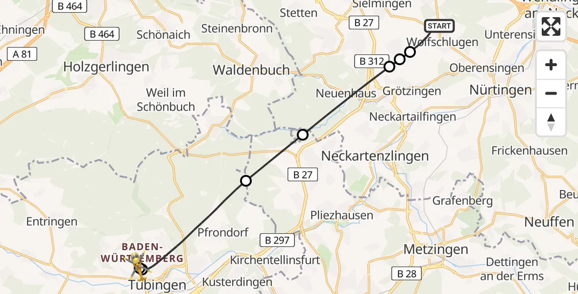 Flugroute Ambulanzhubschrauber Wolfschlugen - Tübingen University Hospital, 26 Juli 2026, 01:17