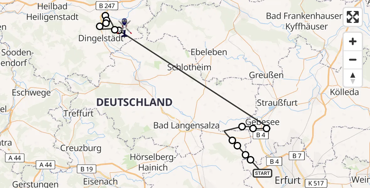 Flugroute Polizeihubschrauber Erfurt - Dingelstädt, 26 Juli 2026, 01:49