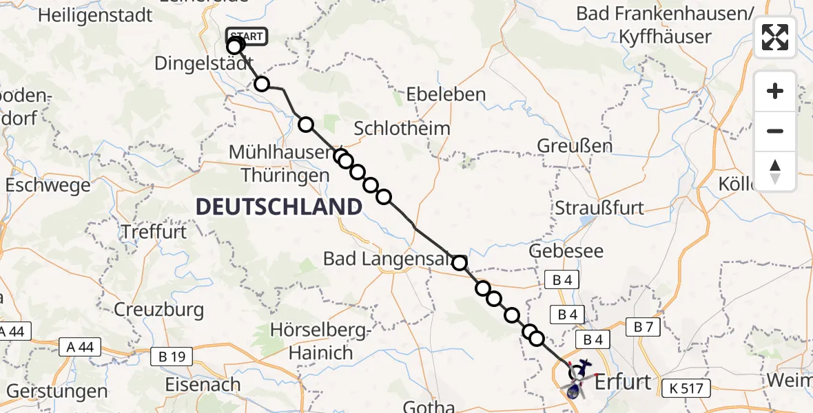 Flugroute Polizeihubschrauber Niederorschel - Erfurt-Weimar Flughafen, 26 Juli 2026, 02:30