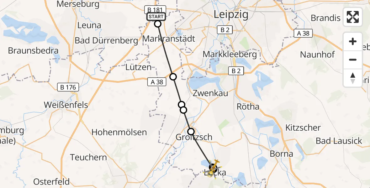 Flugroute Rettungshubschrauber Leuna - Lucka, 26 Juli 2026, 05:30
