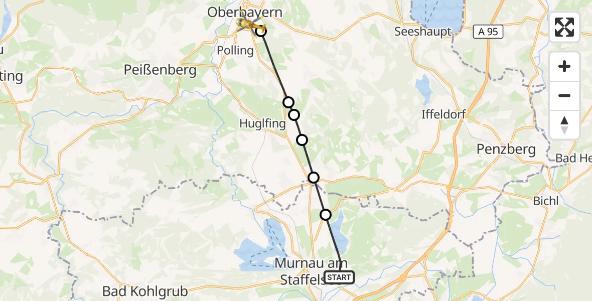 Flugroute Rettungshubschrauber Murnau a.Staffelsee - Weilheim Rettungshubschrauberlandeplatz, 26 Juli 2026, 05:53