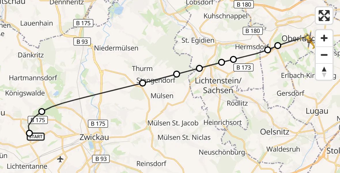 Flugroute Rettungshubschrauber ADAC Air Rescue Station Zwickau Hubschrauberlandeplatz - Oberlungwitz, 26 Juli 2026, 05:59