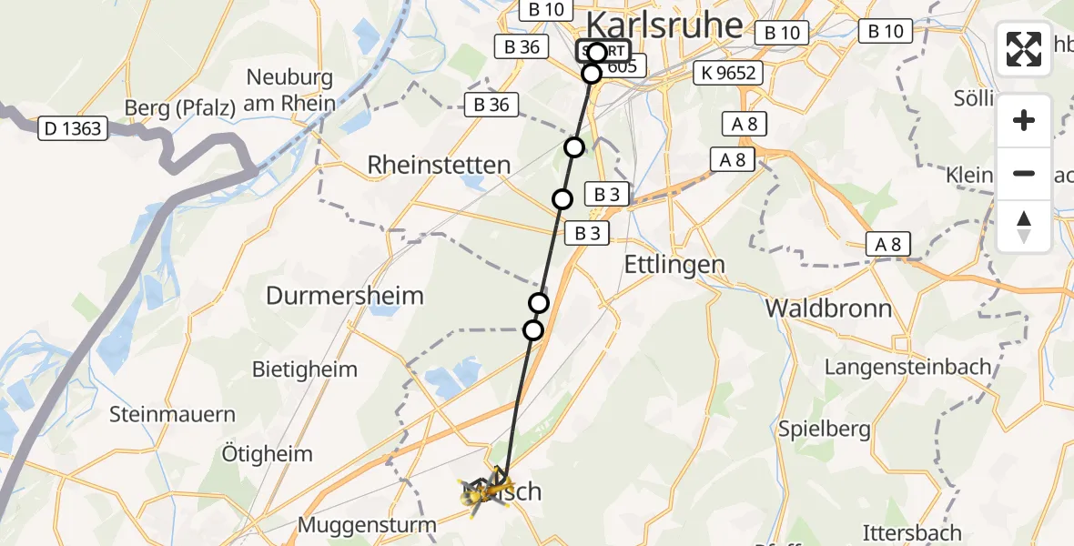 Flugroute Ambulanzhubschrauber Sankt Vincentius Hospital - Malsch, 26 Juli 2026, 06:11