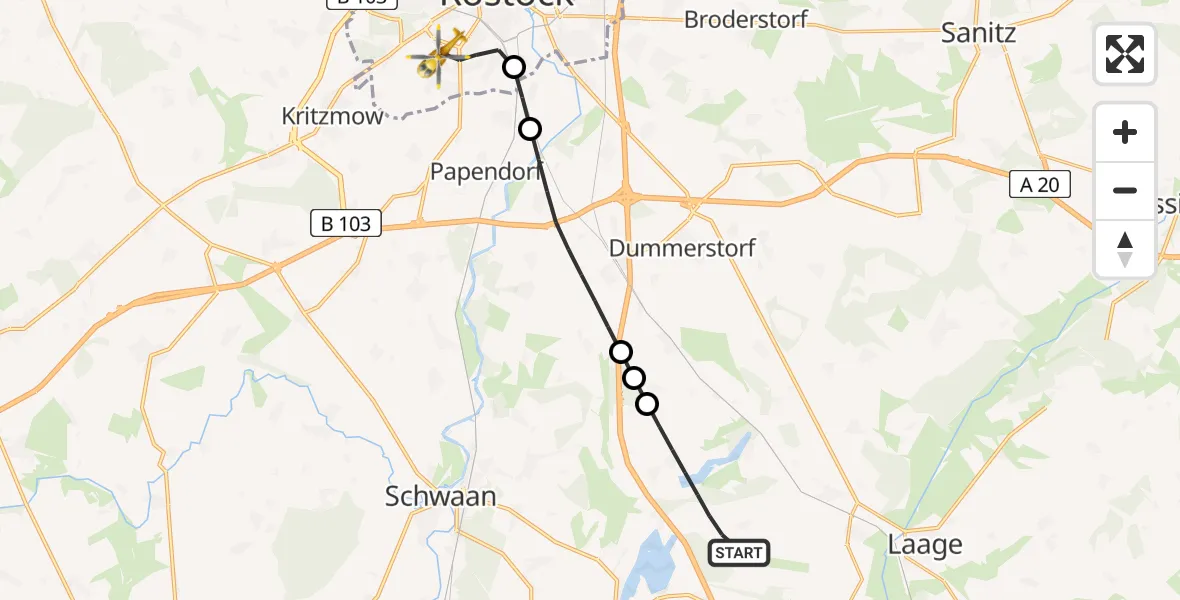 Flugroute Rettungshubschrauber Dolgen am See - Rostock, 26 Juli 2026, 06:16