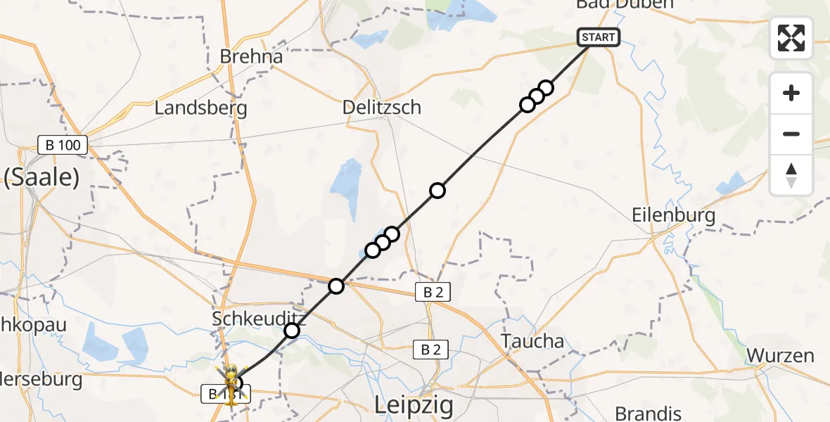 Flugroute Rettungshubschrauber Bad Düben - ADAC Air Rescue Station Leipzig/Schkeuditz-Dölzig Hubschrauberlandeplatz (Christoph 61), 26 Juli 2026, 06:18