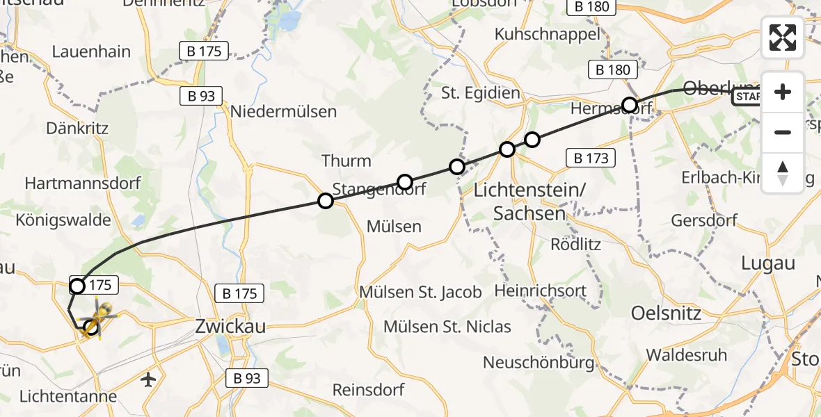 Flugroute Rettungshubschrauber Oberlungwitz - ADAC Air Rescue Station Zwickau Hubschrauberlandeplatz, 26 Juli 2026, 06:34
