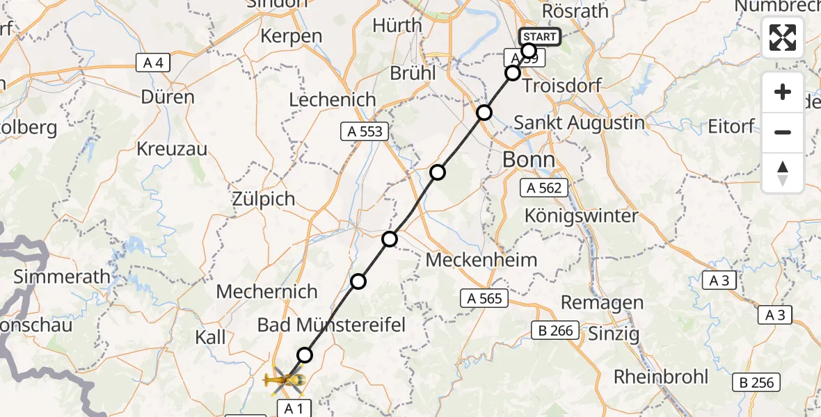 Flugroute Rettungshubschrauber Köln Bonn Flughafen - Nettersheim, 26 Juli 2026, 06:40