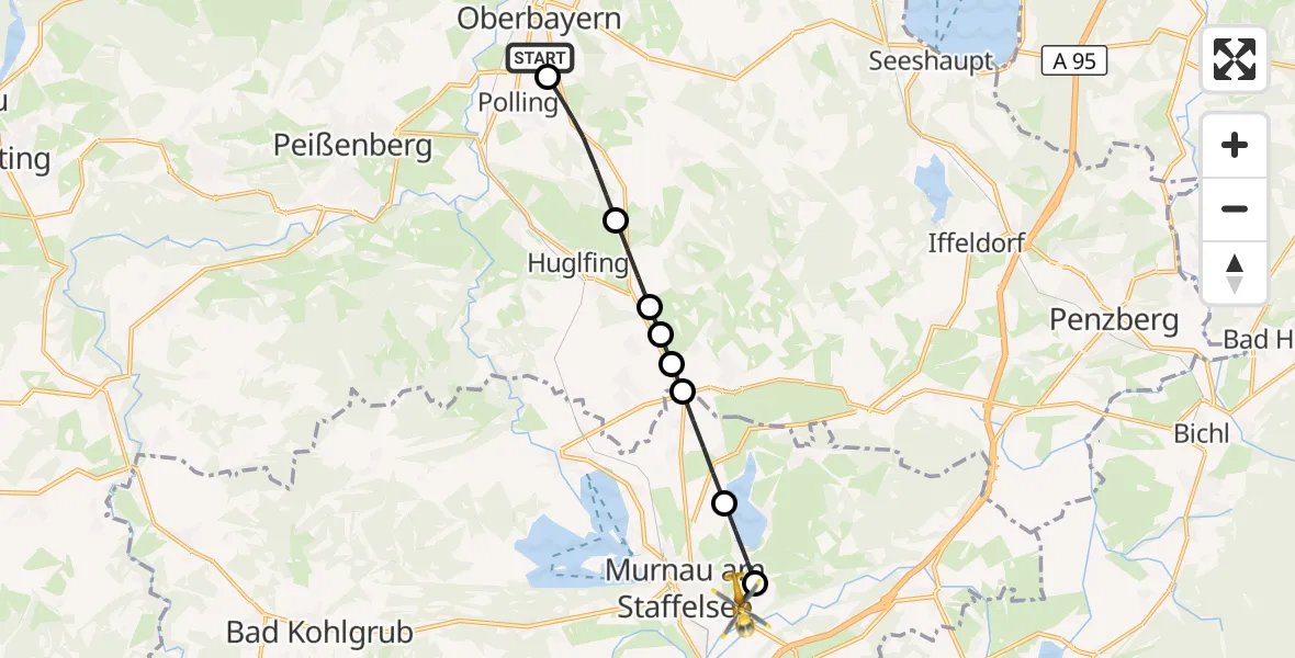Flugroute Rettungshubschrauber Weilheim Rettungshubschrauberlandeplatz - Murnau a.Staffelsee, 26 Juli 2026, 06:58