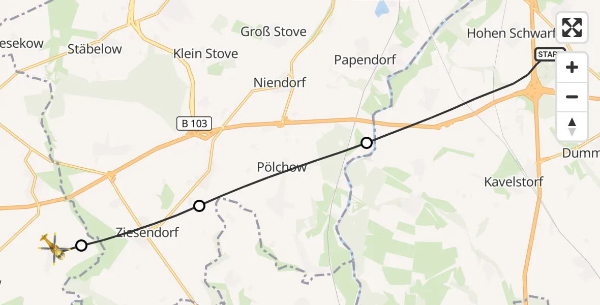 Flugroute Ambulanzhubschrauber Dummerstorf - Satow, 26 Juli 2026, 07:15