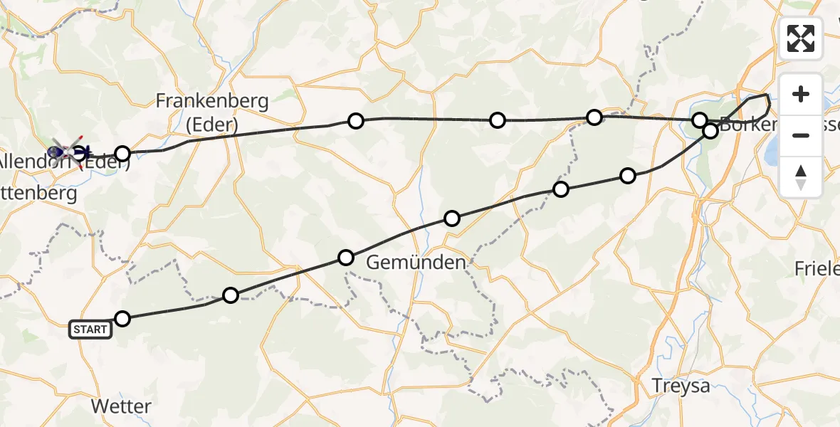 Flugroute Polizeihubschrauber Münchhausen - Allendorf-Eder Flugplatz, 26 Juli 2026, 07:15