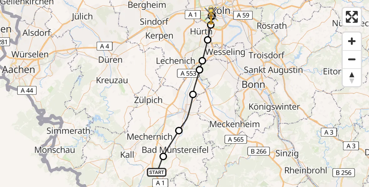 Flugroute Rettungshubschrauber Nettersheim - Köln University Hospital, 26 Juli 2026, 07:23