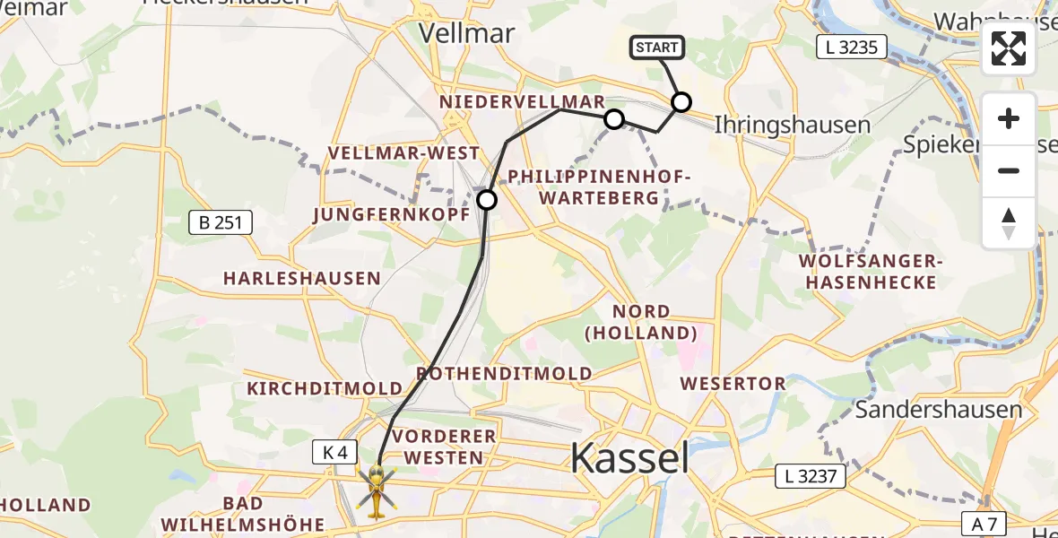 Flugroute Rettungshubschrauber Fuldatal Bundespolizei Hubschrauberlandeplatz - Kassel, 26 Juli 2026, 07:27