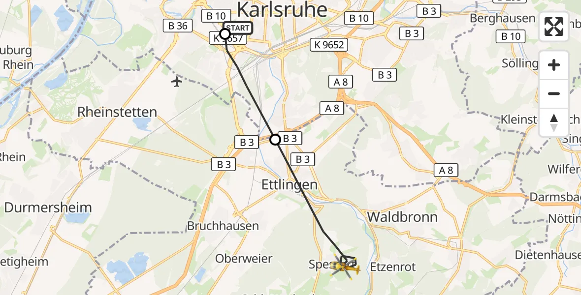 Flugroute Ambulanzhubschrauber Sankt Vincentius Hospital - Ettlingen, 26 Juli 2026, 07:27