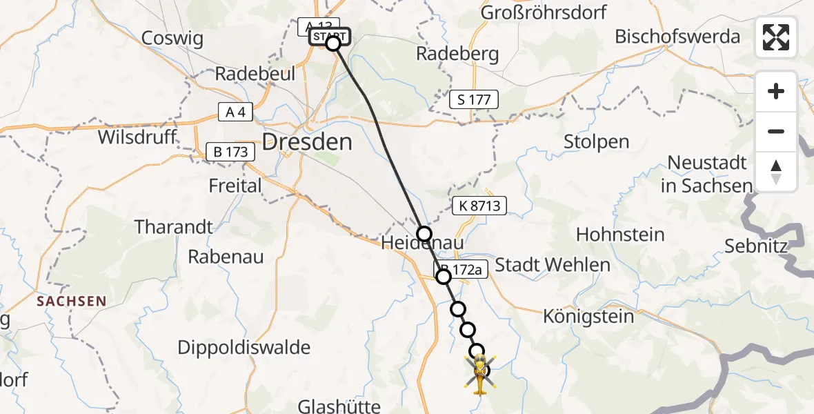 Flugroute Rettungshubschrauber Dresden Flughafen - Bad Gottleuba-Berggießhübel, 26 Juli 2026, 07:30