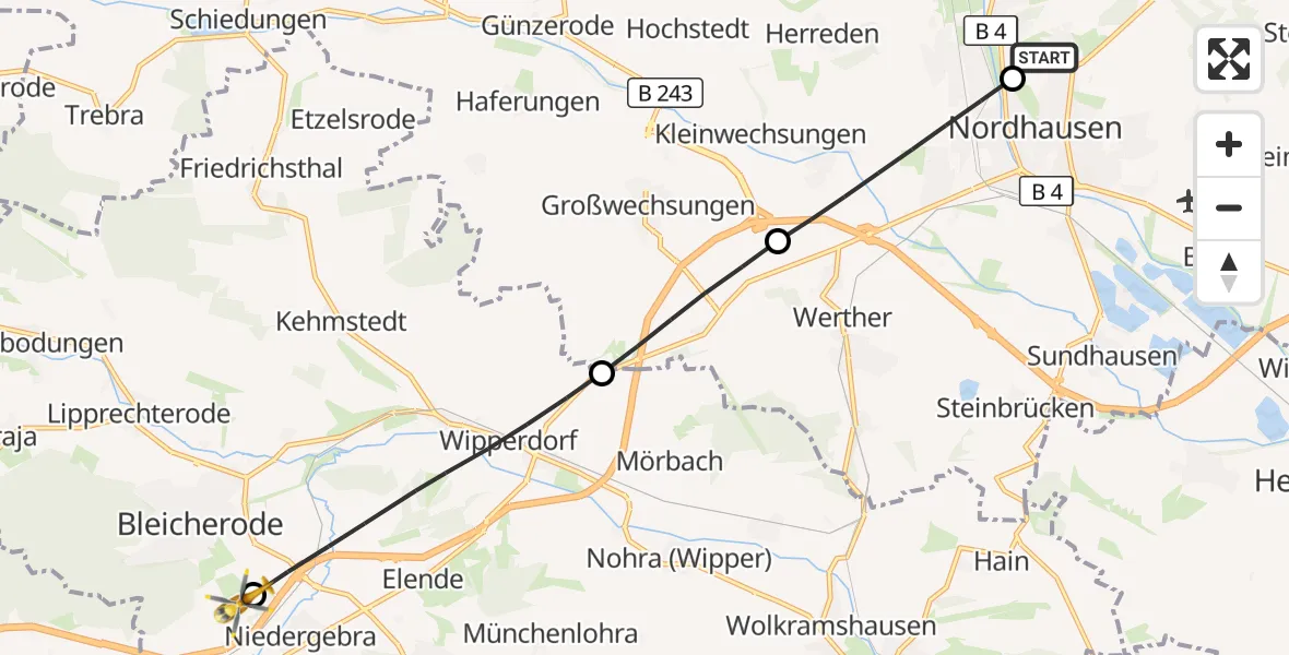 Flugroute Rettungshubschrauber Südharz Hospital Nordhausen - Bleicherode, 26 Juli 2026, 07:46