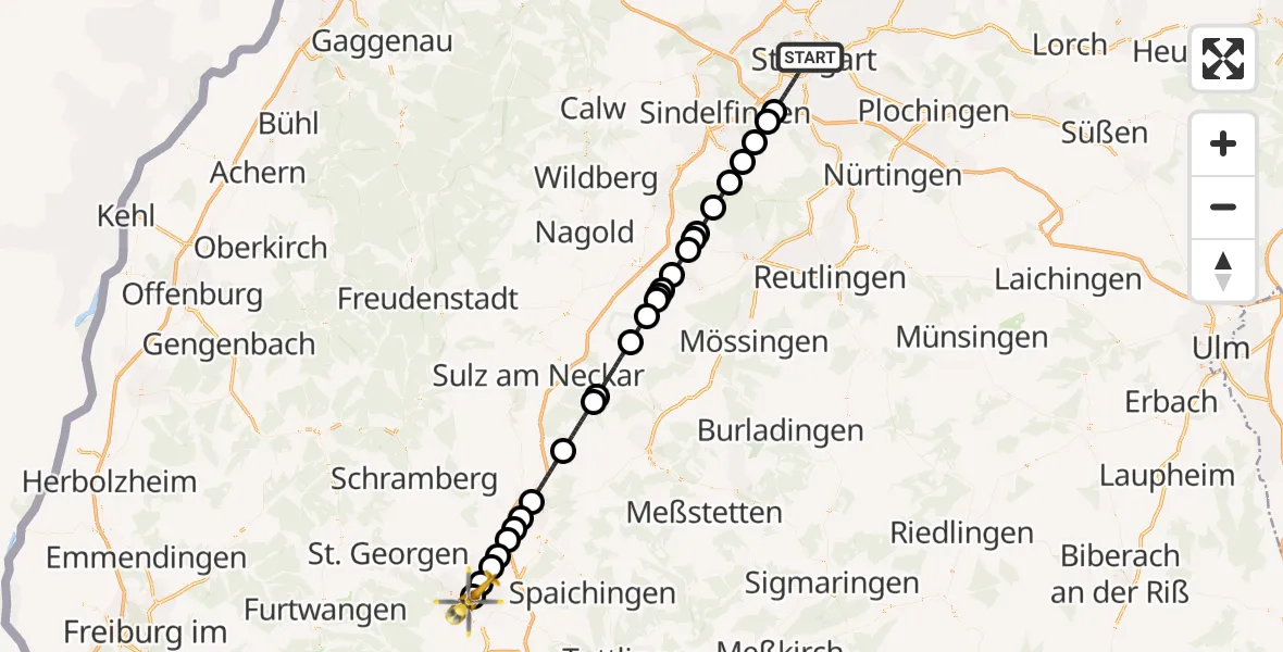 Flugroute Ambulanzhubschrauber Stuttgart - DRF Air Rescue Station Villingen-Schwenningen Hubschrauberlandeplatz (Christoph 11), 26 Juli 2026, 07:47
