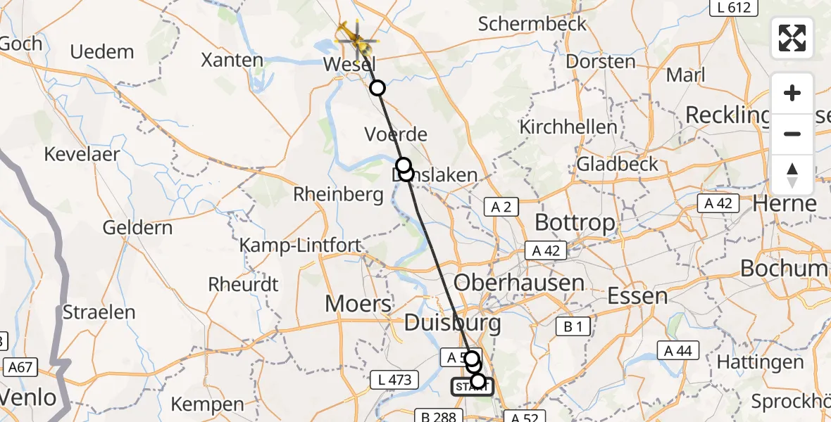 Flugroute Rettungshubschrauber Duisburg Air Rescue Hubschrauberlandeplatz (Christoph 9) - Wesel, 26 Juli 2026, 07:48