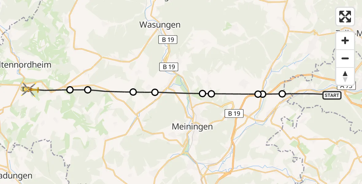 Flugroute Rettungshubschrauber Suhl - Kaltennordheim, 26 Juli 2026, 07:51