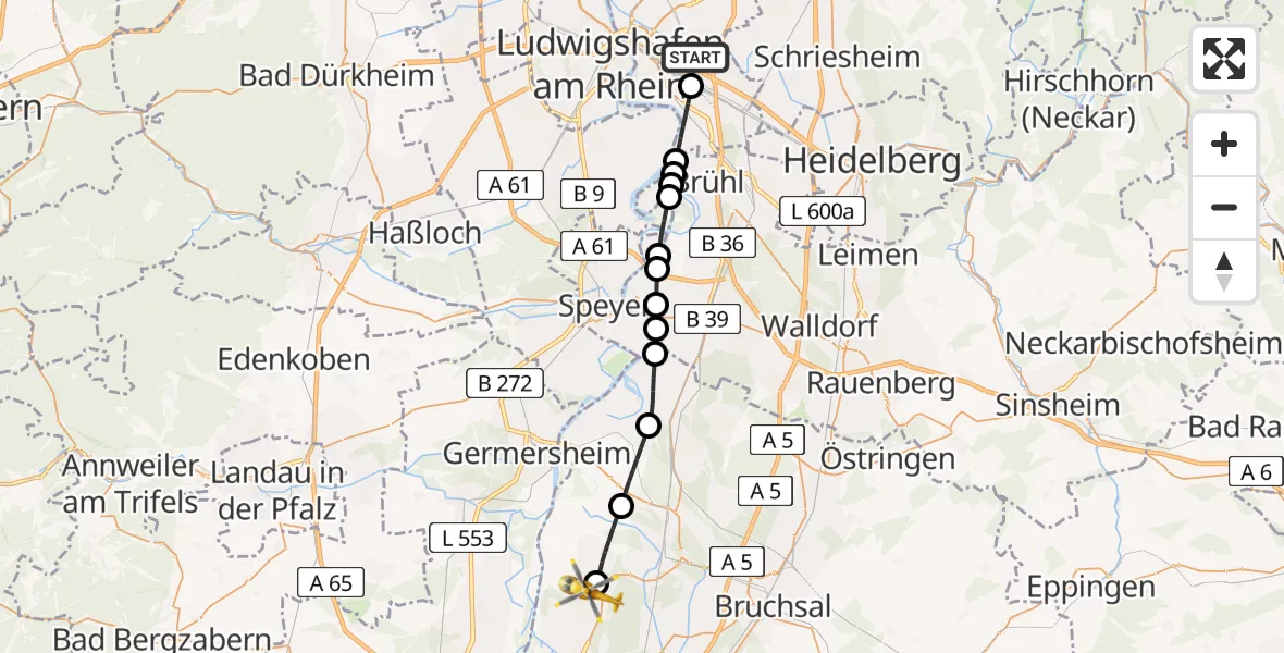 Flugroute Rettungshubschrauber Mannheim-City Flughafen - Linkenheim-Hochstetten, 26 Juli 2026, 07:57