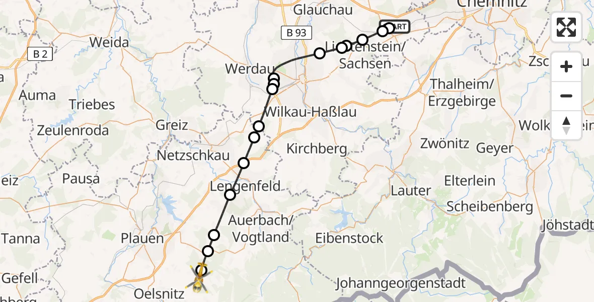 Flugroute Rettungshubschrauber Hohenstein-Ernstthal - Tirpersdorf, 26 Juli 2026, 07:57