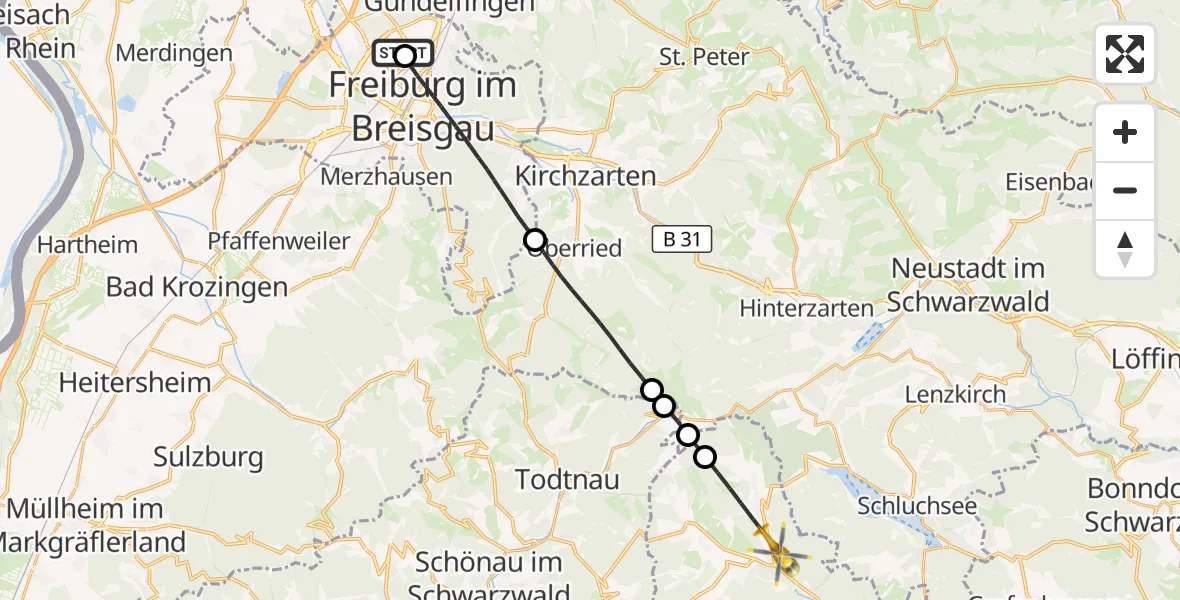 Flugroute Ambulanzhubschrauber Freiburg im Breisgau Flugplatz - St. Blasien, 26 Juli 2026, 08:00